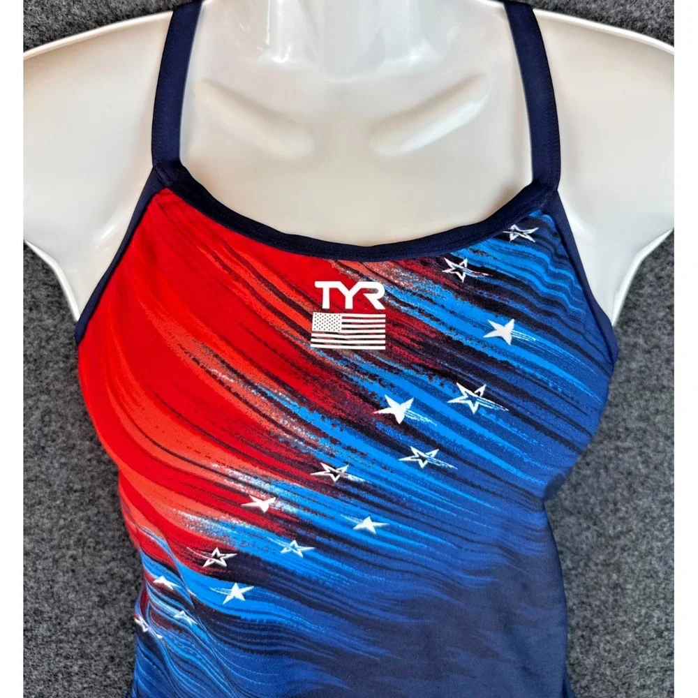 TYR Womens Size 36/L Navy Red Blue USA Stars Stripes One Piece Swimsuit NWT